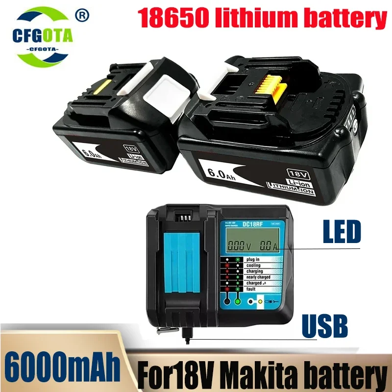 Makita 18V Lithium Ion Battery, BL1860, 6.0Ah, compatível com BL1850, 1840, 1830, ferramenta elétrica sem fio