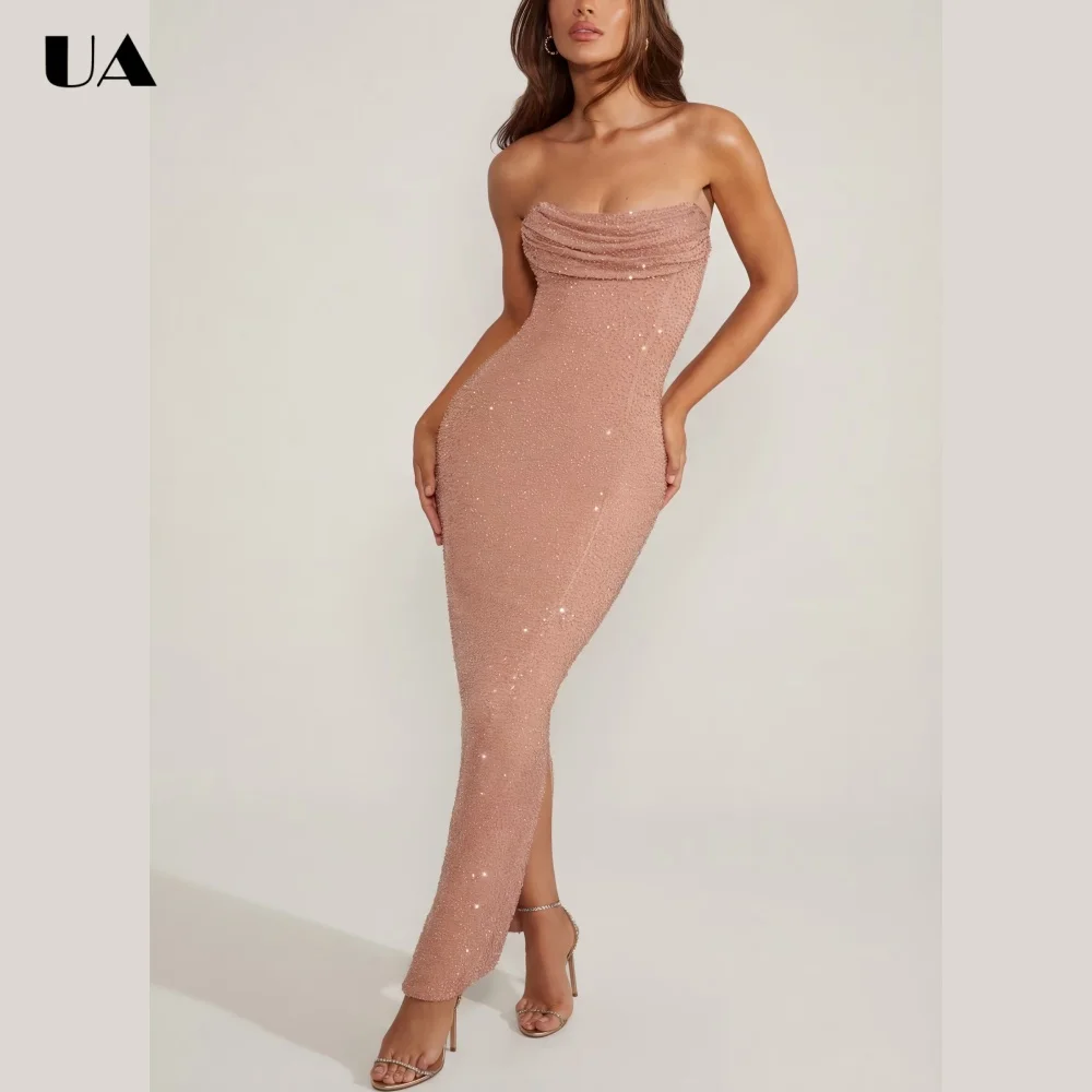 ULBYANRY Glamarous Sequin Slim fit Prom Dress, Elegant Strapless Draped Evening Dress, Customized Sleeveless Wedding Guest Dress