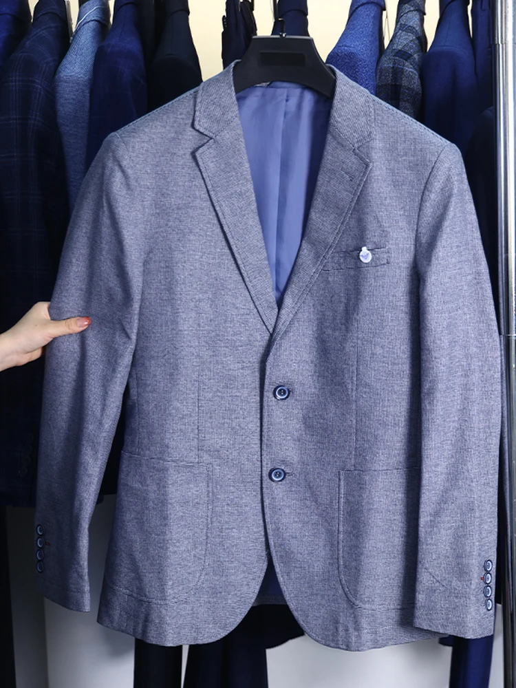 

Slim Fit Men's Busin Casual Plaid Suit Jaet Spring Autumn H Fly Brand round Hemline Polyester Fiber Long Sve