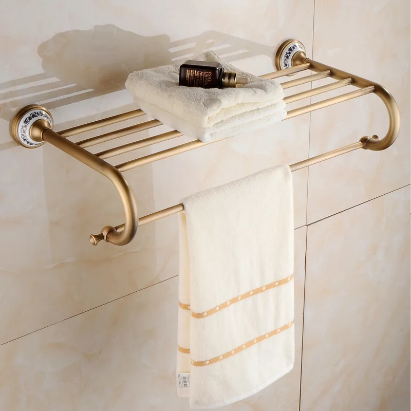 Antique Copper Towel Rack Set, European Style Blue and White Porcelain Bathroom Hardware, Vintage Wall Mounted Towel Bar