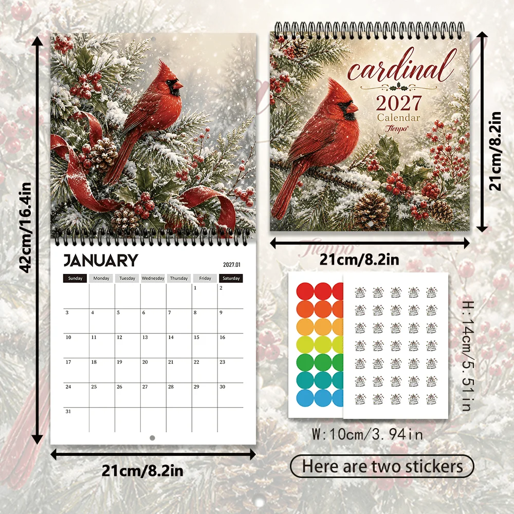 1pc 2027 Winter Cardinal Wall Calendar,12‑Month Planner,Gift For Back‑to‑School,Christmas,New Year,Free Stickers Included