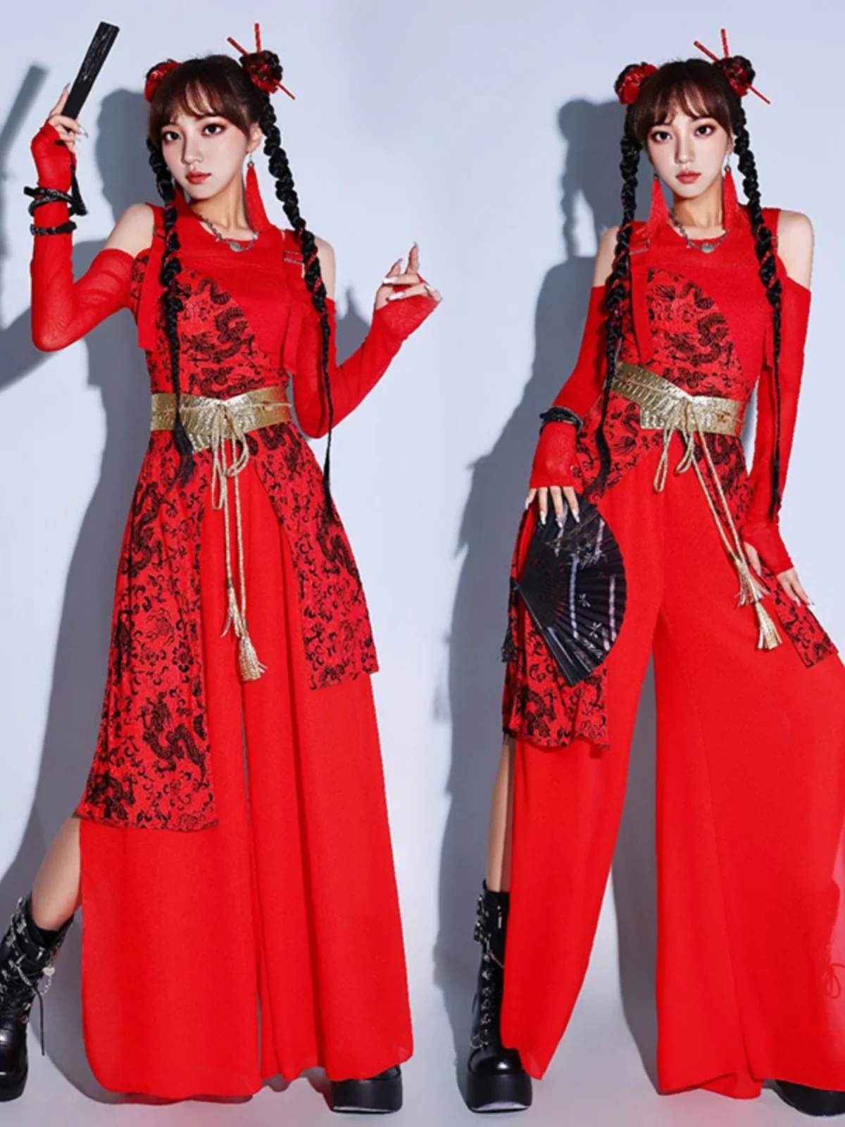 

Женское платье для джазовых танцев, красный сценический костюм в китайском стиле, групповой наряд для девочек Kpop