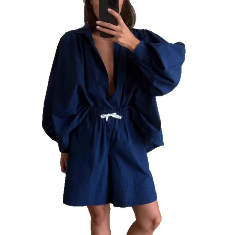 Women's Simple Commute Leisure Independent Ins Station Europe and United  Summer New Lantern Sleeves Shirt Shorts Two-piece Set