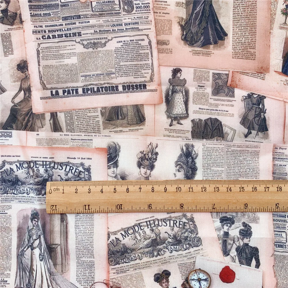 width145cm Vintage newspaper lady Print Polyester Cotton Fabric Handmade Patchwork Cloth Sewing Quilting Needlework DIY Material