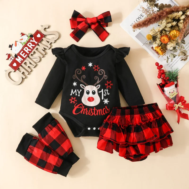 

Baby Girls Christmas four-piece Set long-sleeved Newborn Kids letters doe head triangle Harem+Plaid Shorts+Pants cover+Headband