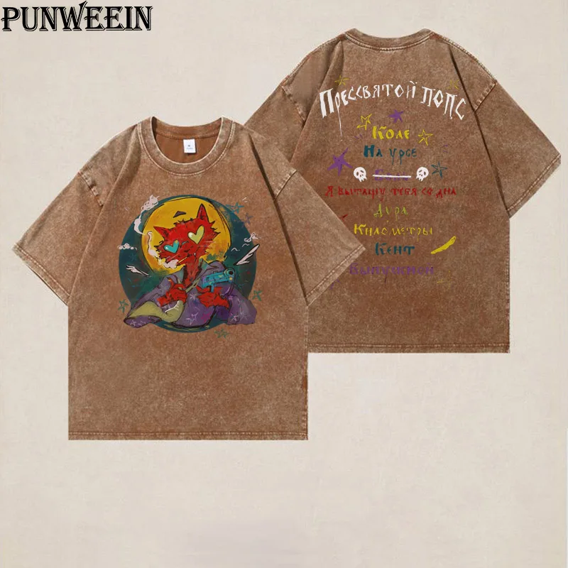 2025 Russina fashionable Vintage Washed TShirt Hip Hop Streetwear Anime Print T Shirt Harajuku Pullover Summer Short Sleeve Tee