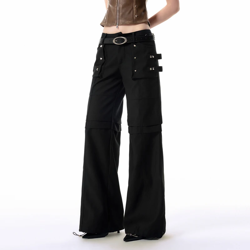 

Женские брюки-карго Vone eeE на раннюю осень, свободного прямого кроя, с высокой талией, на молнии, с металлическими декоративными элементами