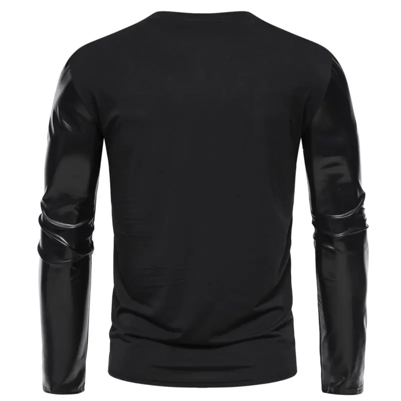 Men‘s Leather Sleeve T-Shirts Casual O Neck Patchwork Long Sleeve Top Tees