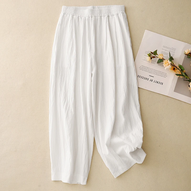 ربيع الخريف القطن الكتان سراويل تقليدية فضفاضة الفنية لون نقي تسع نقاط رقيقة بالون السراويل مريحة Harajuku Sle