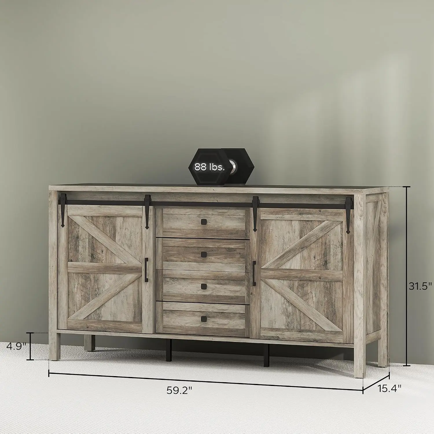 59 Inch Farmhouse Sideboard Buffet Cabinet Gray Wash, Customized