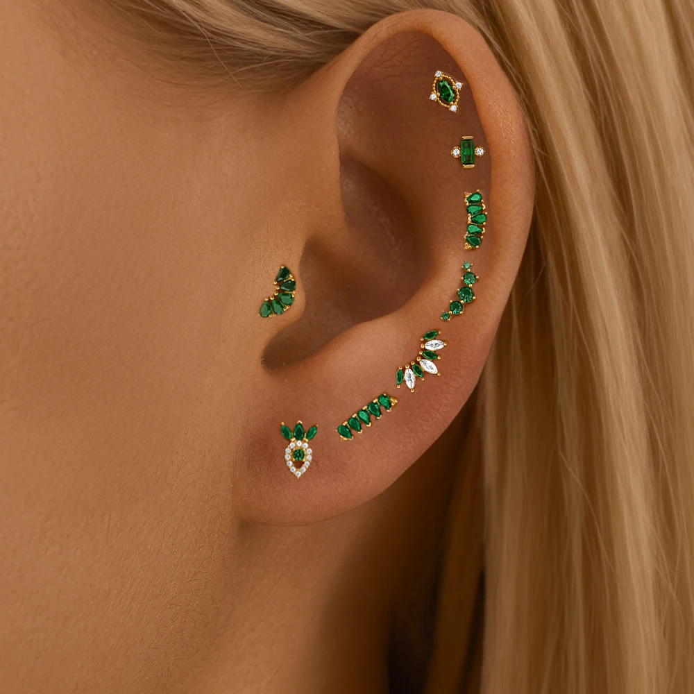 Aide 1PC Zircon Flower Cluster Ear Cartilage Piercing Stud Earring 925 Silver Green Diamond Helix Conch Screw Back Ear Bone Jewe