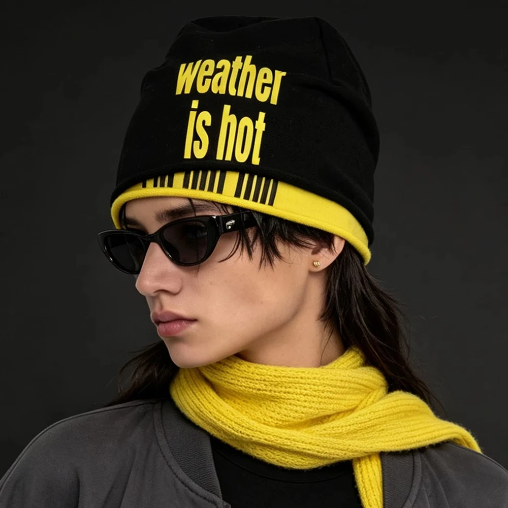 2026 Autumn Winter Y2K Unisex Slouchy Beanie, Double Layer Reversible Letter Print Streetwear Casual Skull Hat