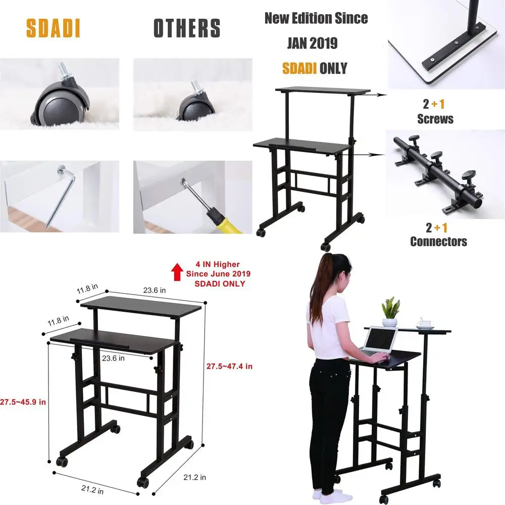 

2 Inch Wheels Adjustable Mobile Desk Stand for Home Office, Black, with Sit-Stand Modes