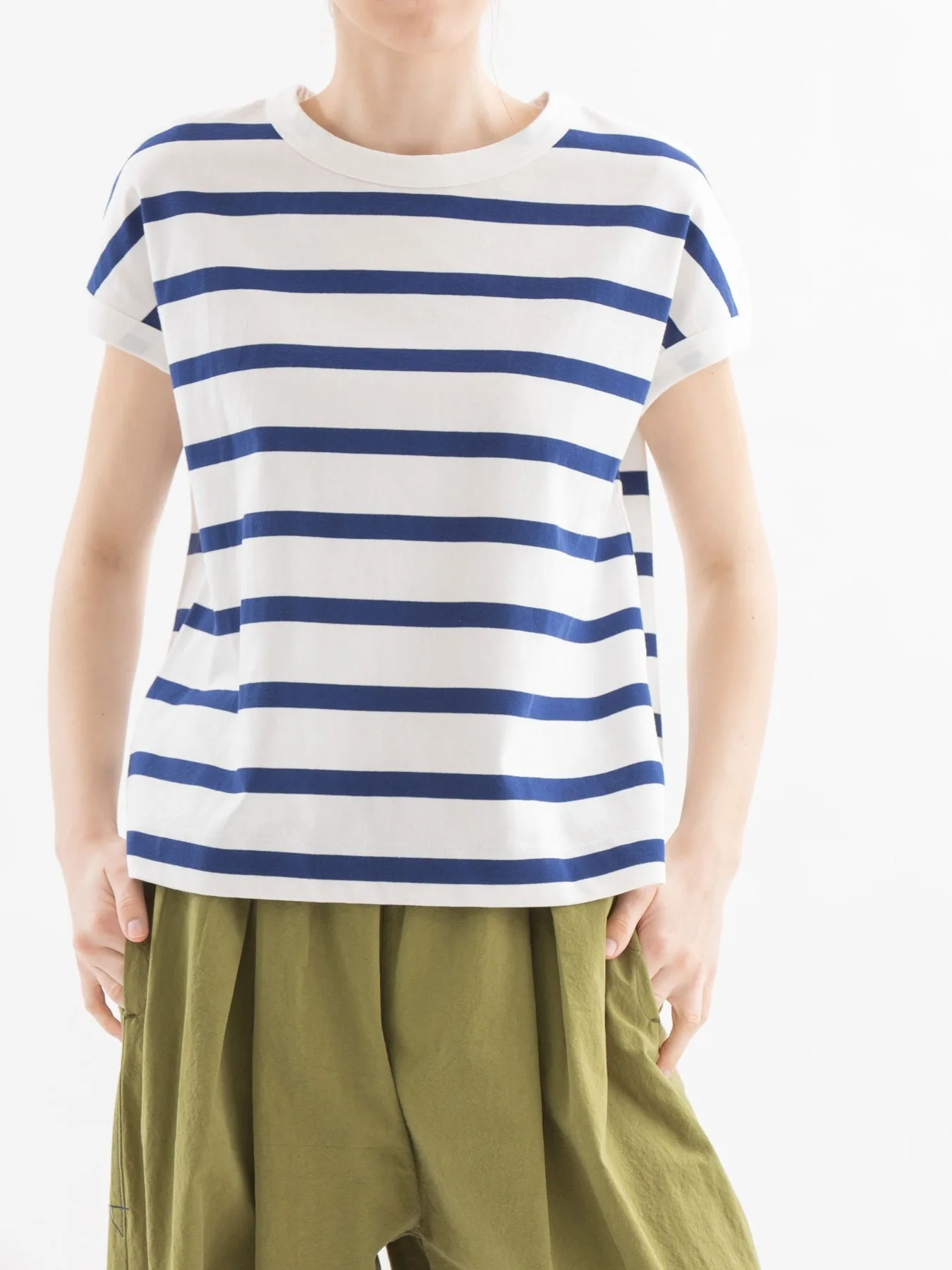 Heavyweight Pure Cotton Japanese Style Small Swan Embroidery Striped Short Sleeve Casual Loose plus Size Slimming Sleeve T-Shirt