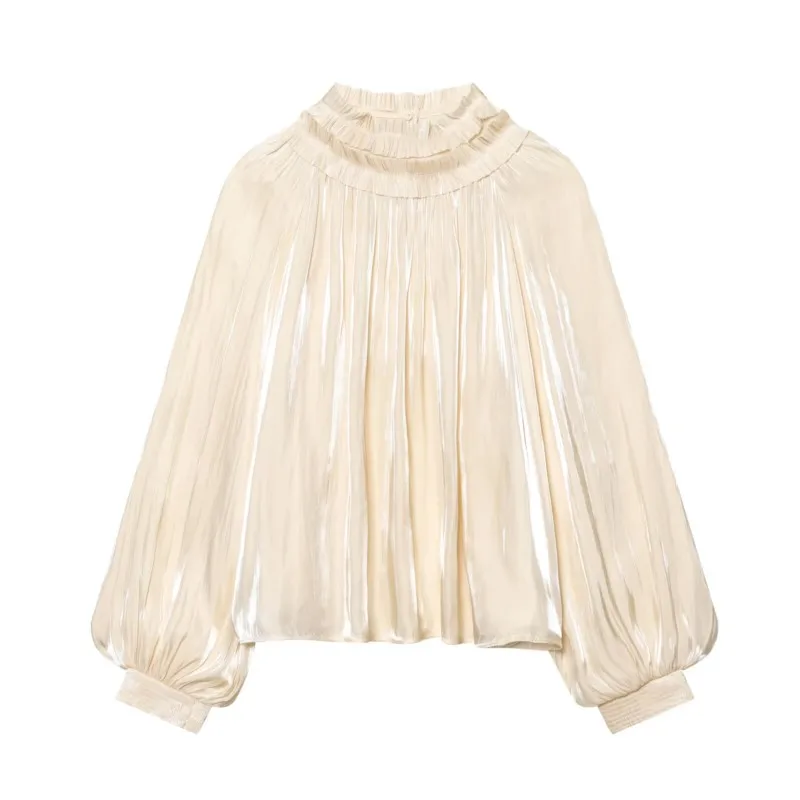 

Women's Shiny Satin Blouse Spring Casual High Neck Ruffles Long Sleeve Women Tops Female Solid Simple Chic Shirts & Blouses