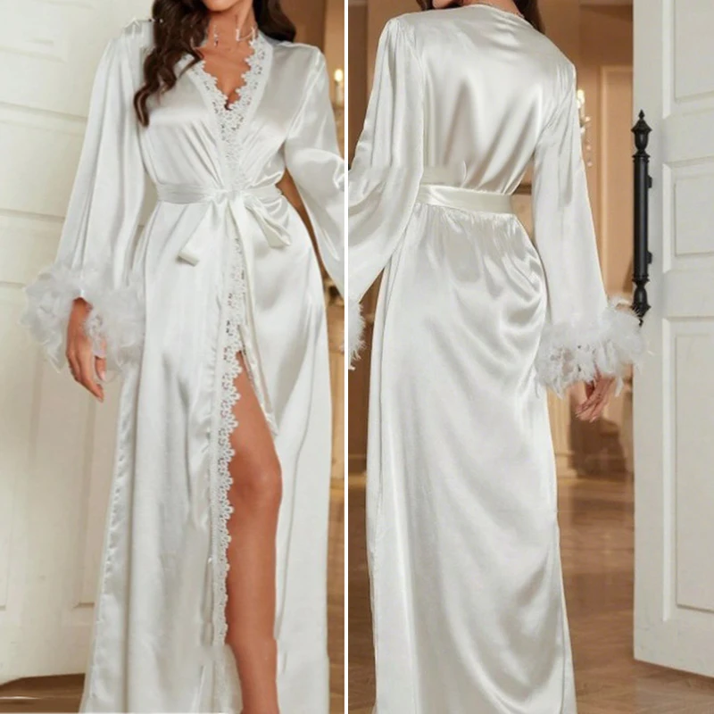 Luxury Long Bride Wedding Robe Dress with Feather Elegant Ice Silk Long Kimono Bathrobe Gown Yukata Sexy Loose Homewear Pajama