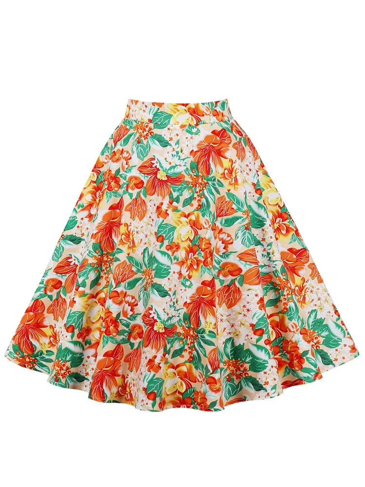 

Floral Print Cotton Midi 50s Skirts Women Summer Vintage Zipper Back A-Line Elegant Swing Skirt Female Faldas