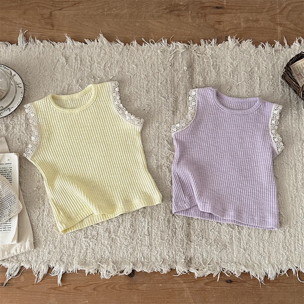 2026 Summer New Sweet Baby Girl Lace Sleeveless Vest Infant Cute Solid Ribbed Tops Cotton Girls T Shirts Toddler Clothes