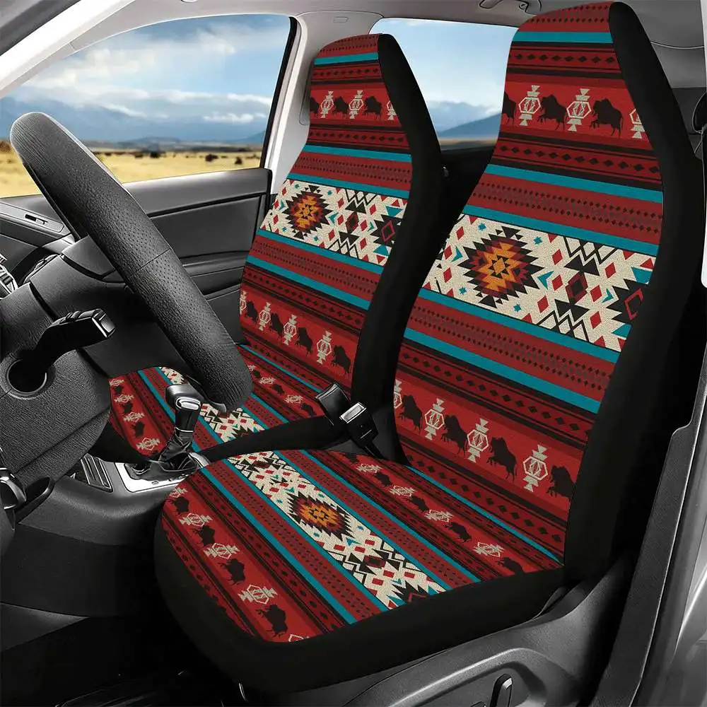 Set Of 2 Southwestern Tribal Buffalo Seat Covers Designed For Front Seats, Featuring A High Back Style Made From Polyester, Comp