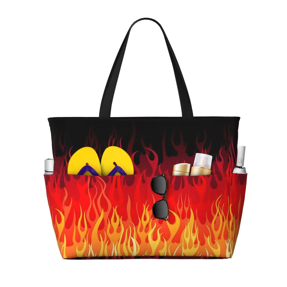 Red Hot Rod Flame On Edge Black Background Beach Tote Bag Sport Gym Yoga Duffle Large Tote Bag Women Travel Bag Fitness bag