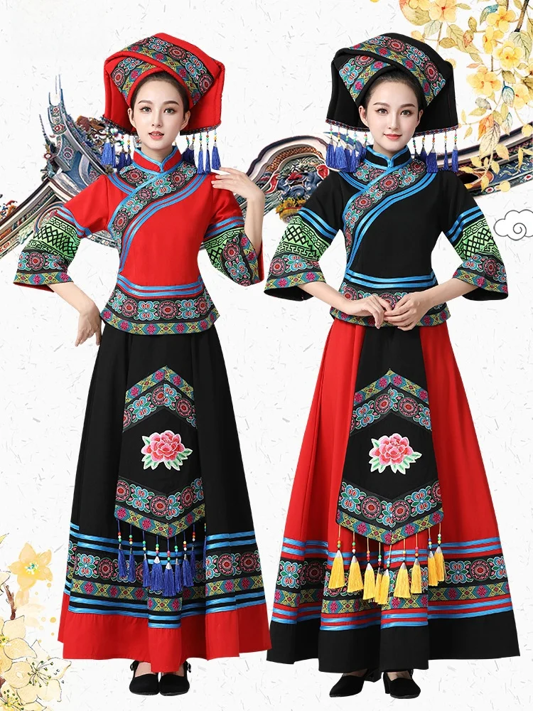 

Women's Ethnic Minori Clothing Guangxi Zhuangfu Miao Ethnic up Clothing March Tee National Costume Traditional Costume