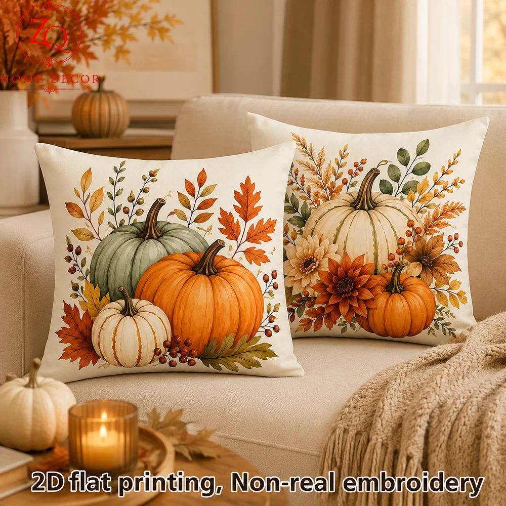 Fall Maple Leaves Pumpkin Peach Skin Pillow Cover 2D Flat Printed Farmhouse Cushion Case For Couch Bed Chair Room Holiday Decor