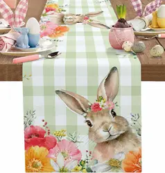 Easter Bunny Flowers Buffalo Plaid Linen Table Runner Dresser Scarf Spring Floral Rabbit Table Runners Holiday Party Table Decor