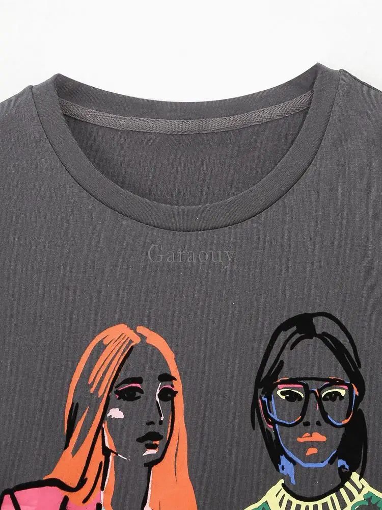 Garaouy 2023 Summer Women\'s Character Print T-shirt Female Grey Casual Versatile O Neck Short Sleeve Oversized Tee Tops Mujer