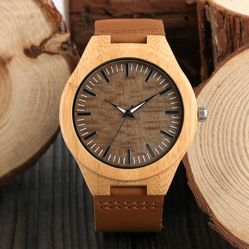 Coffee Brown Minimalist Scale Dial Bamboo Quartz Watch Men Women Pin Buckle Genuine Leather Band Male Wristwatch Casual Fashion