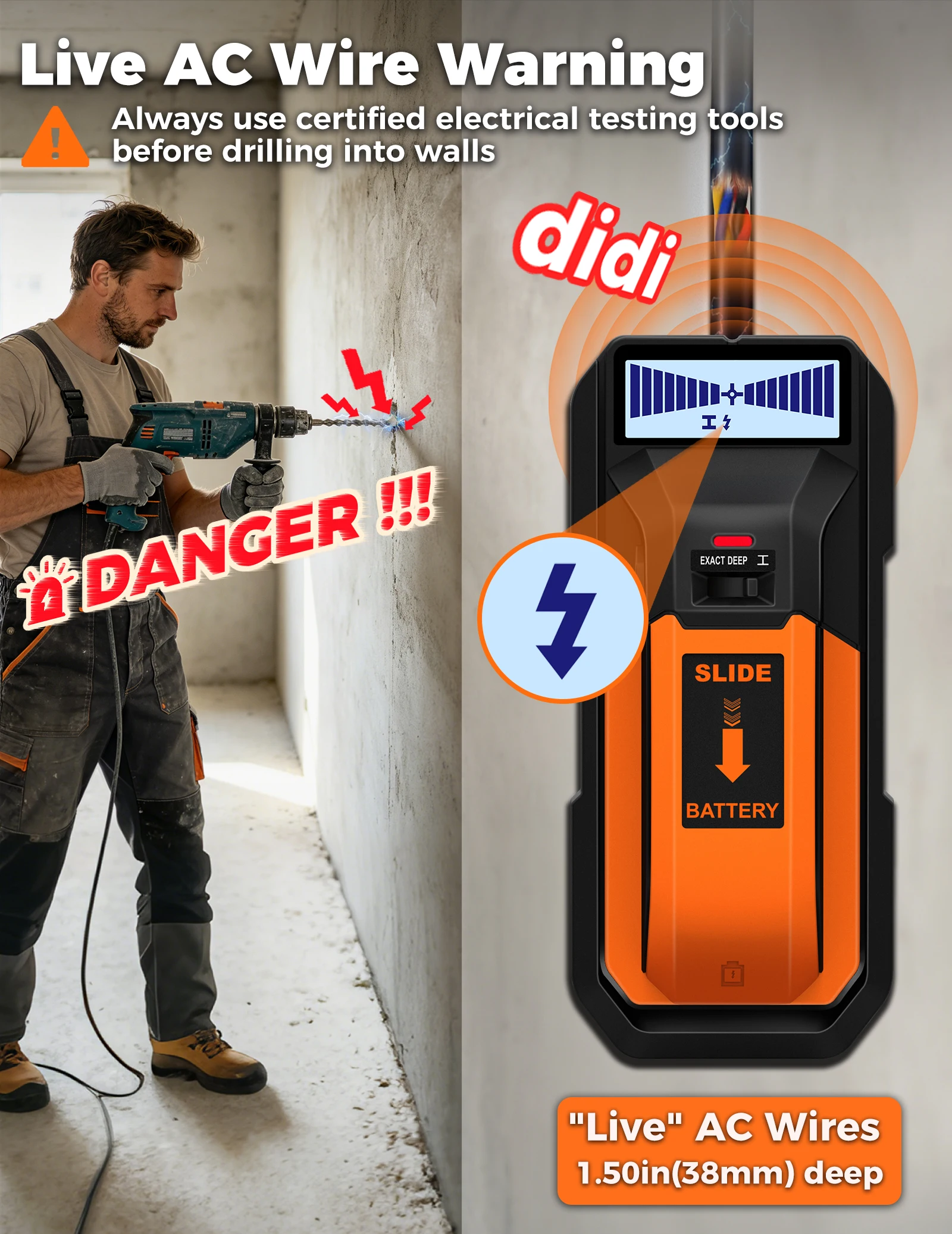 5-in-1 Stud Finder Wanddetektor Multifunktions-Wandscanner für AC-Kabel, Holz- und Metallerkennung, Tiefenmessgerät – Detail 4