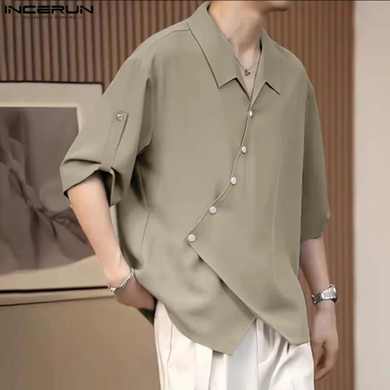 INCERUN, Tops de moda coreana para hombre, camisas informales de manga media lisas con botones y cuello vuelto, ropa de calle, trajes elegantes para hombre 2024