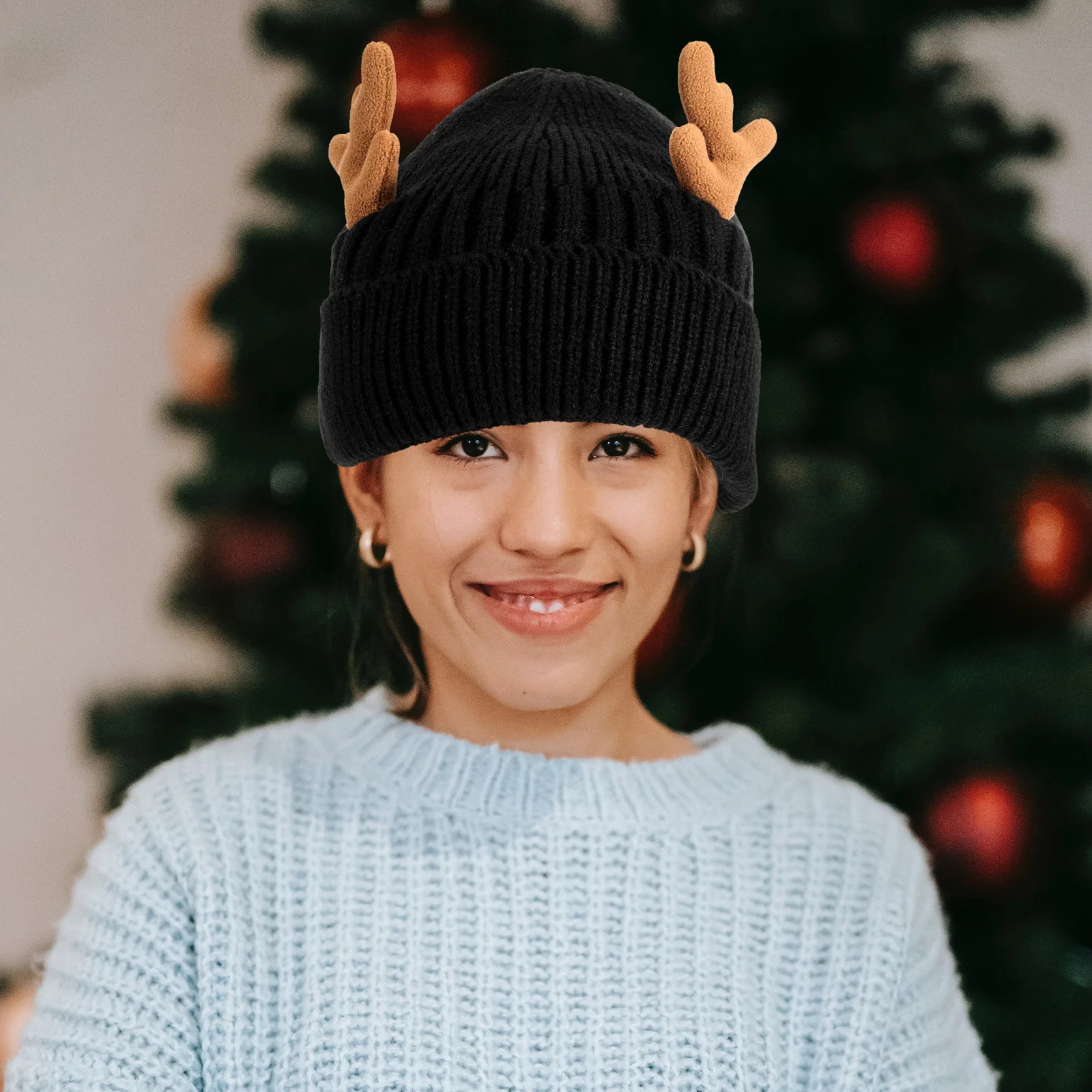 Antler topi kupluk rajut tanduk Natal, topi wol tudung rajut hangat hadiah