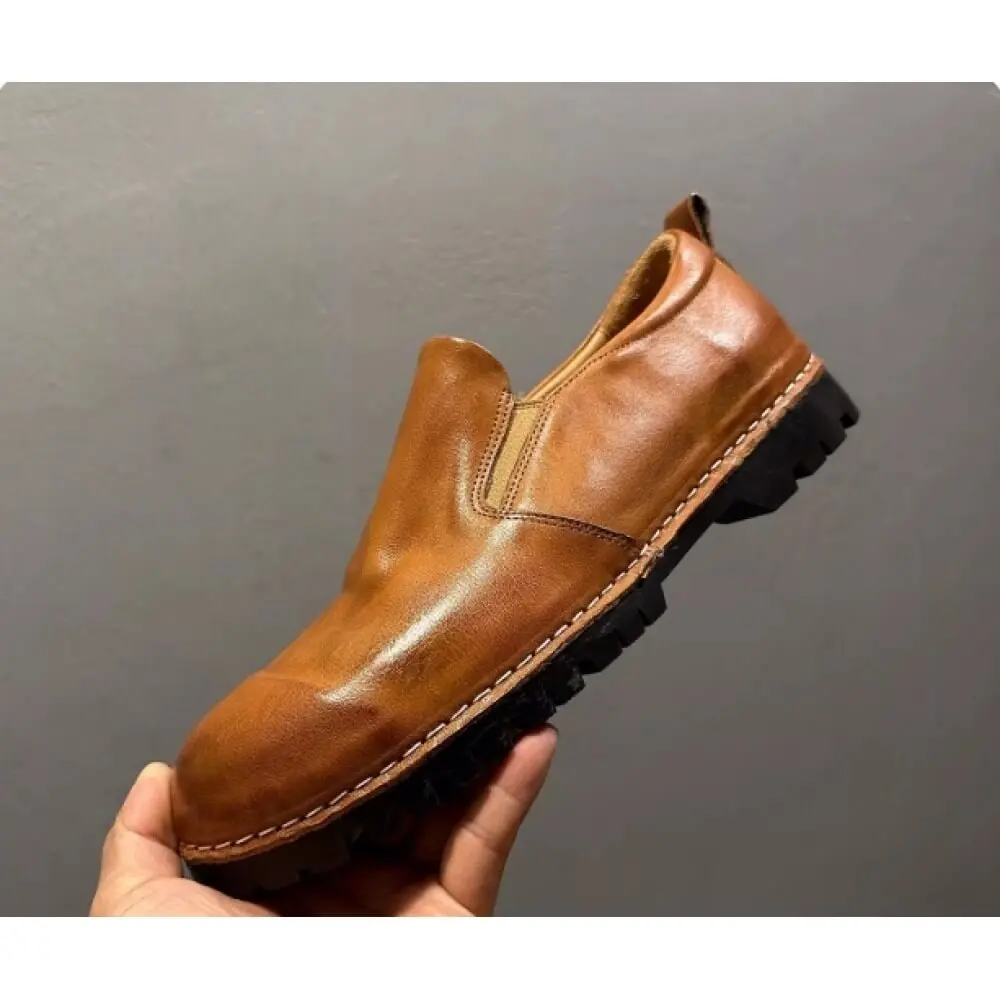 Handcrafted Tan Leather Chunky Sole Loafers – Superior Craftsmanship, Timeless Vintage Appeal