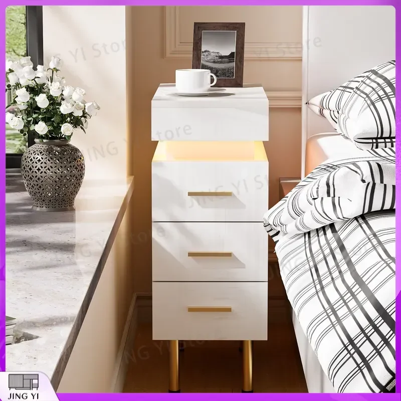 UK Plug 3-Drawer Bedside Cabinet with LED Light Push-Pull Top Bedside Table Storage Wood Slim Cabinet for Bedroom Living Room