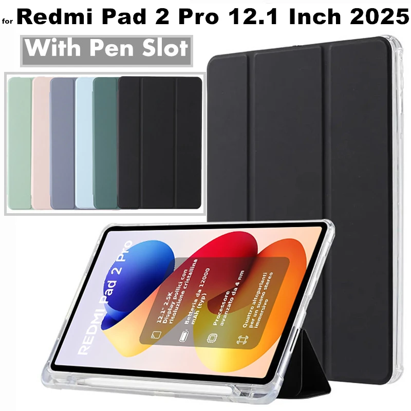 for Xiaomi Redmi Pad 2 Pro 12.1 Inch 2025 Tablet Case Trifold Smart Flip Leather Stand Soft Back Funda With Pen Slot Cover