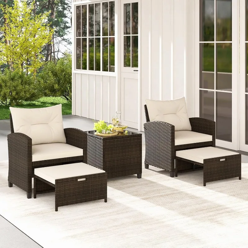 5 Piece Patio Rattan Furniture, Wicker Cushioned Chairs Set w/ 2 Ottomans & Tempered Glass Coffee Table, for Poolside