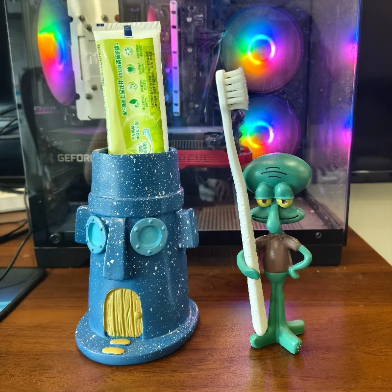 Porte-stylos et porte-brosses à dents en forme de maison de pierre avec les tentacules de Squidward, décor de bureau, idéal pour ranger le maquillage, cadeau créatif et original sur le thème de l'anime.