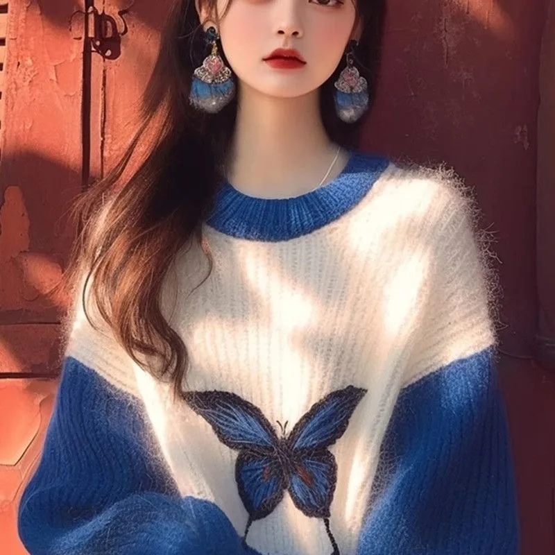 Korean Niche High Quality Sweater Women Autumn New Lazy Wind Color Collision Klein Blue Print Knitted Sweater Street Loose Tops