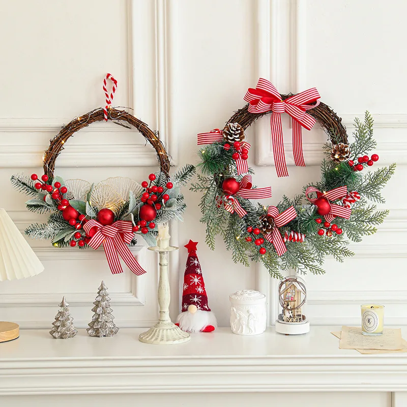 

Деревянный рождественский венок с бантом, сосновая шишка, ягоды, тканый декор из ротанга для подвешивания окон, дверей