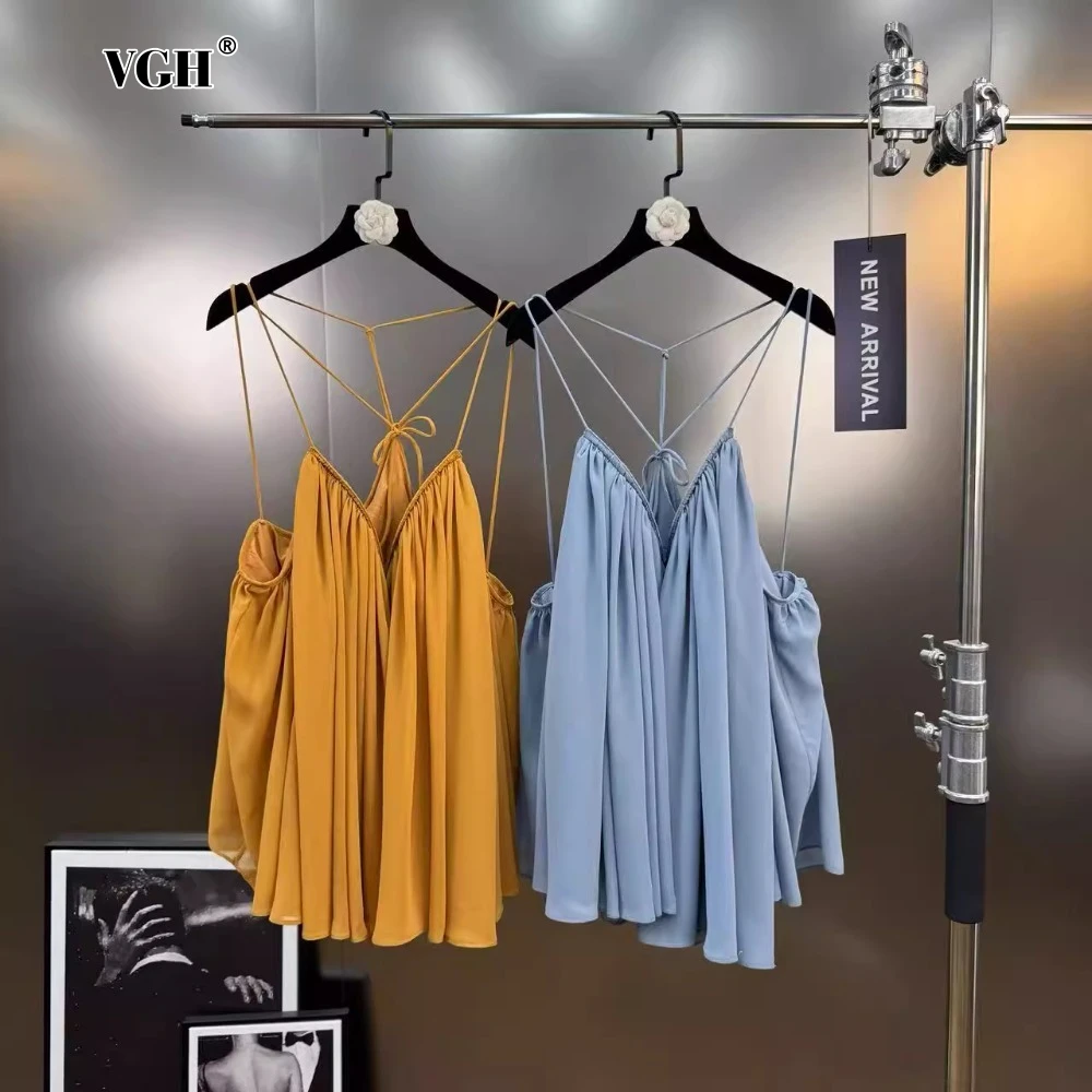 

VGH French Sexy Vacation Style Slim Vests for Women V Neck Sleeveless Patcwhork Lace Up Backless Chiffon Puff Vest Female Summer