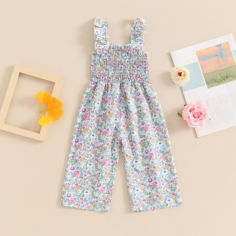 0-4Y Toddler Baby Girl Summer Outfit Ruffle Sleeveless Romper Smocked Floral Jumpsuit Playsuit Suspender Pants Kids Overalls