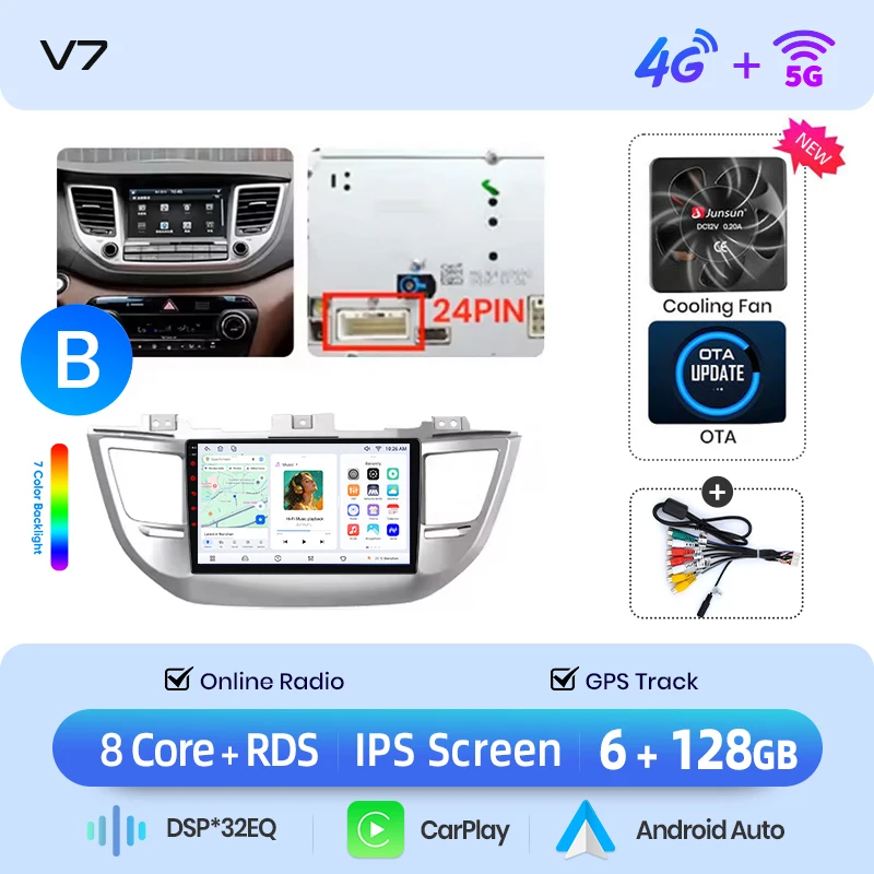 Junsun draadloze CarPlay Android Auto autoradio voor Hyundai Tucson Mk3 (TL) 2015-2020 met ingebouwde koelventilator, Android GPS navigatie, multimediaspeler, WiFi, DSP, RDS, BT, SWC, IPS touchscreen,