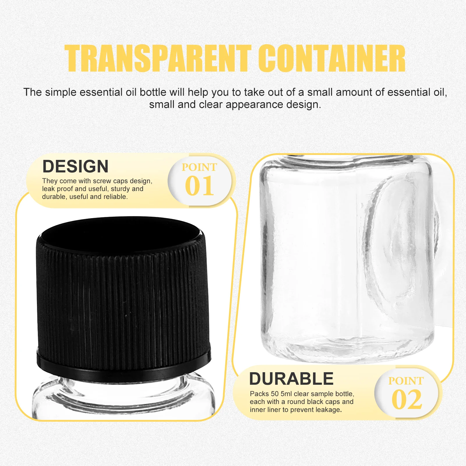 

50pcs 5ml Clear Sample Bottles Black Screw Caps Refillable Essential Oil Small Containers Portable Travel DIY Storage