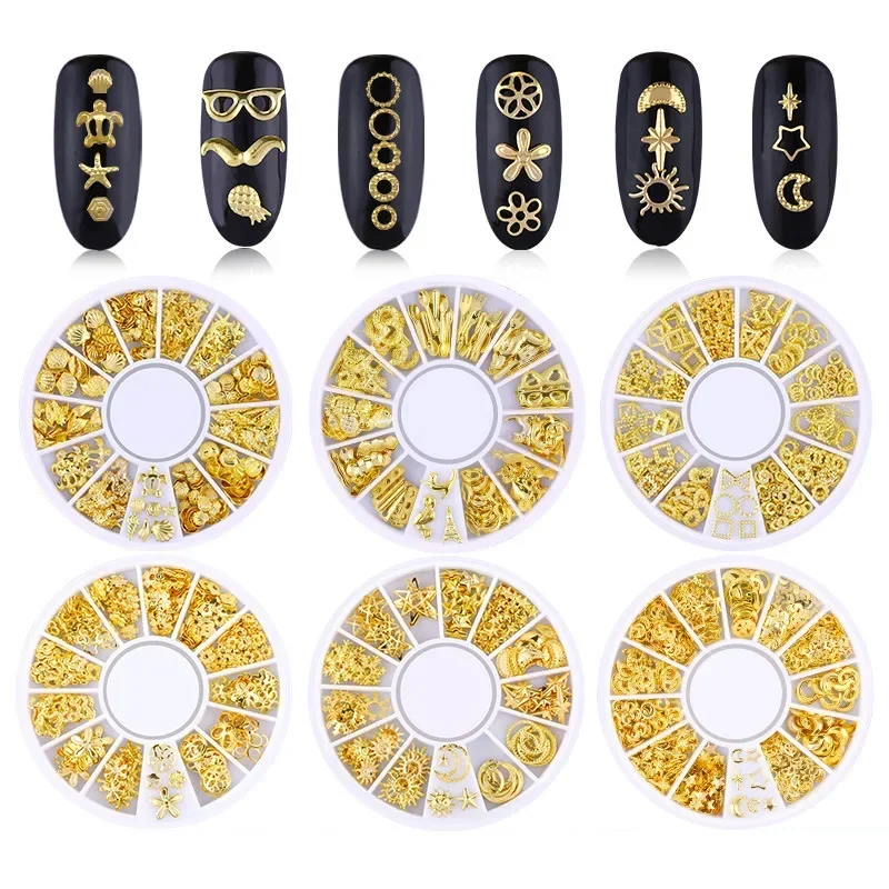 12 Girds Metal Rivets Nail Studs Mixed Heart Frame Moon Star Gold Jewelry 3D DIY Tips Nail Art Decorations Manicure Accessories