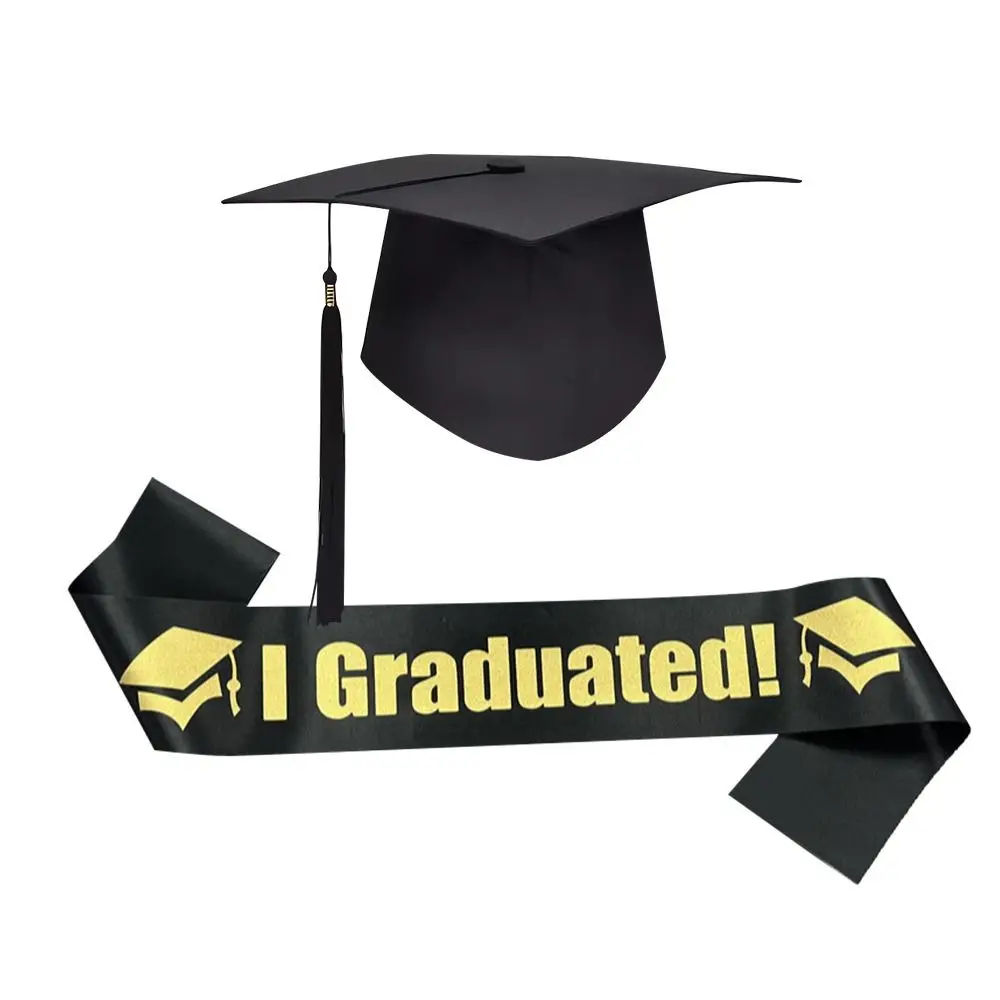 

2Pcs Adjustable Graduation Cap and Sash Set Photo Props with Tassels "I Graduated!" Banner Plastic Elegant