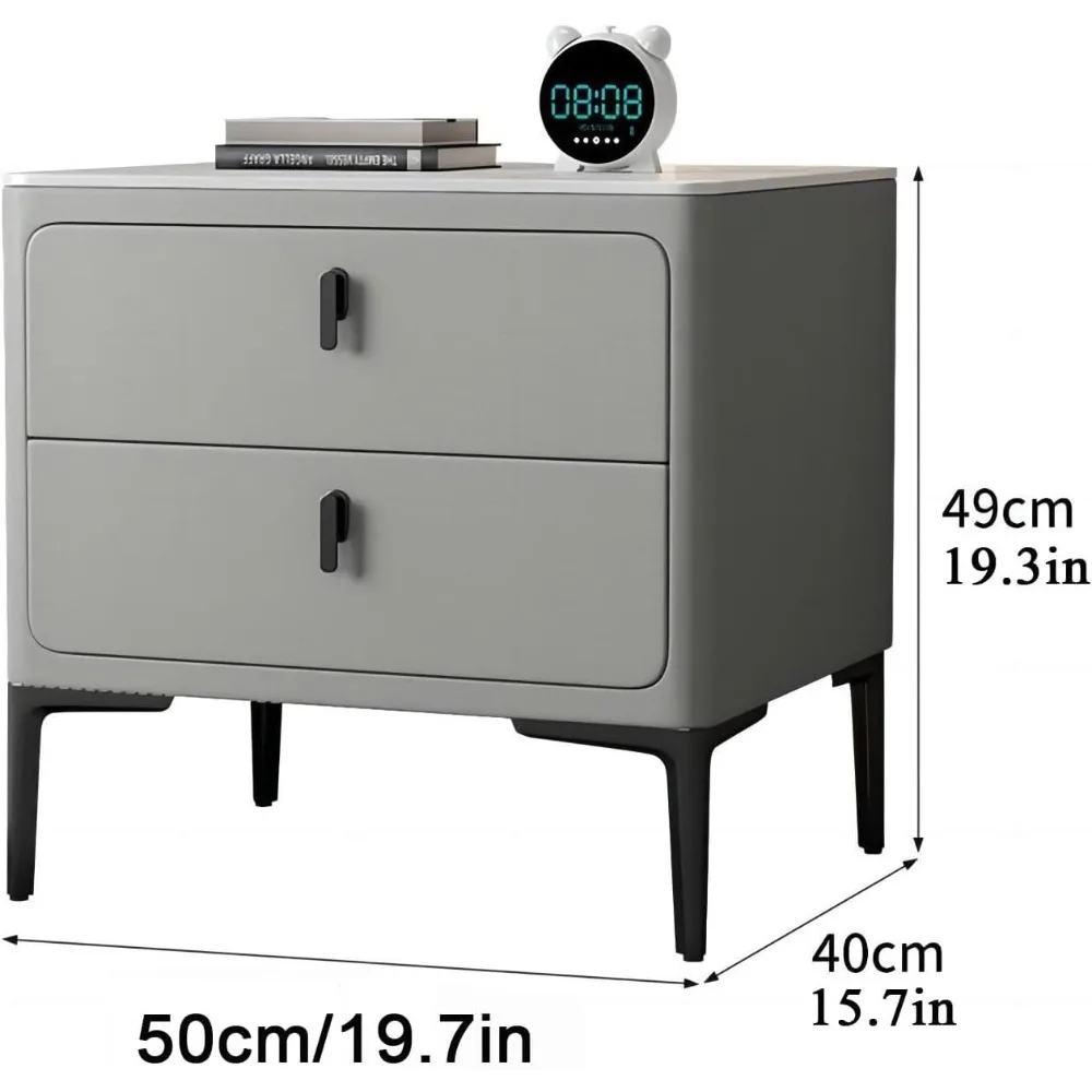 Elegante comodino a doppio cassetto con copertura in microfibra PU e supporti in acciaio inossidabile