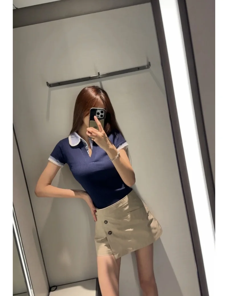 ETJ 2025 new women's clothing Korean style fashion color-blocking patchwork lapel short-sleeved simple ribbed T-shirt