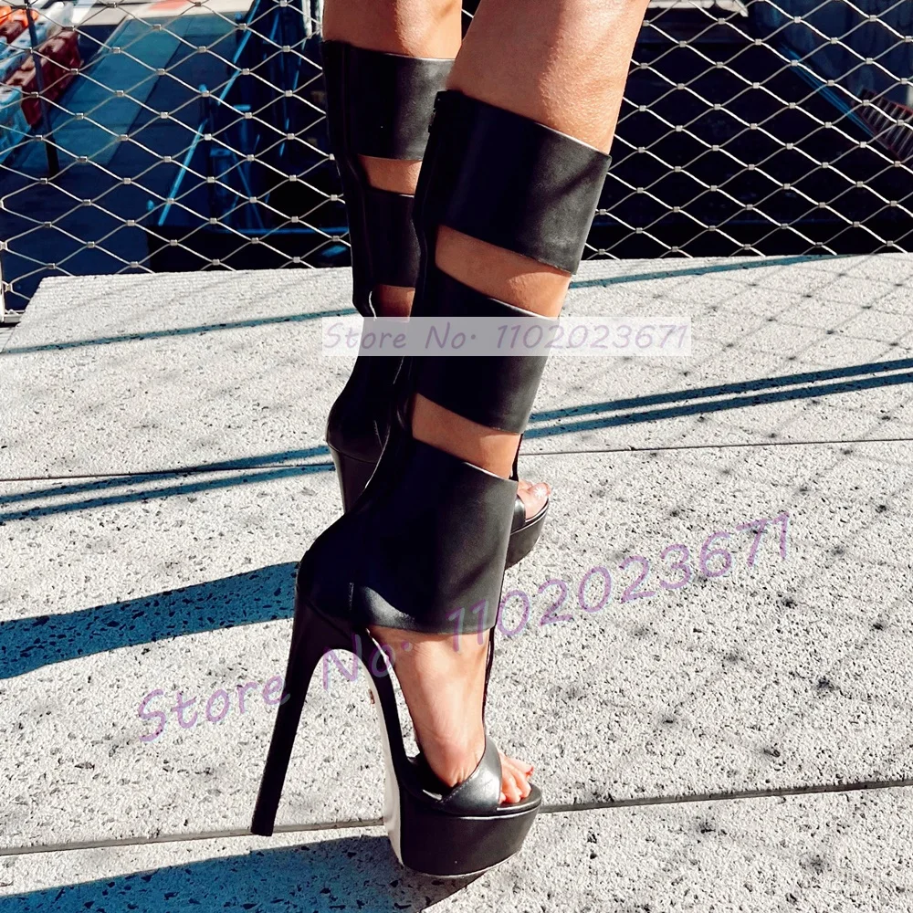 Caged Platform Tall Sandal Boots Women Chic T-strap Gladiator Open Toe Sandals Ladies Classy Back Zipper Summer Cutout Sandals