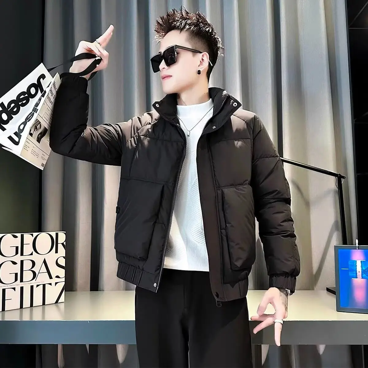 

Winter New Men's Slim Fit ort Cotton Jaet Stand Collar Warm Polyester Fiber Youth Faion Daily Use Zipper Closure ...