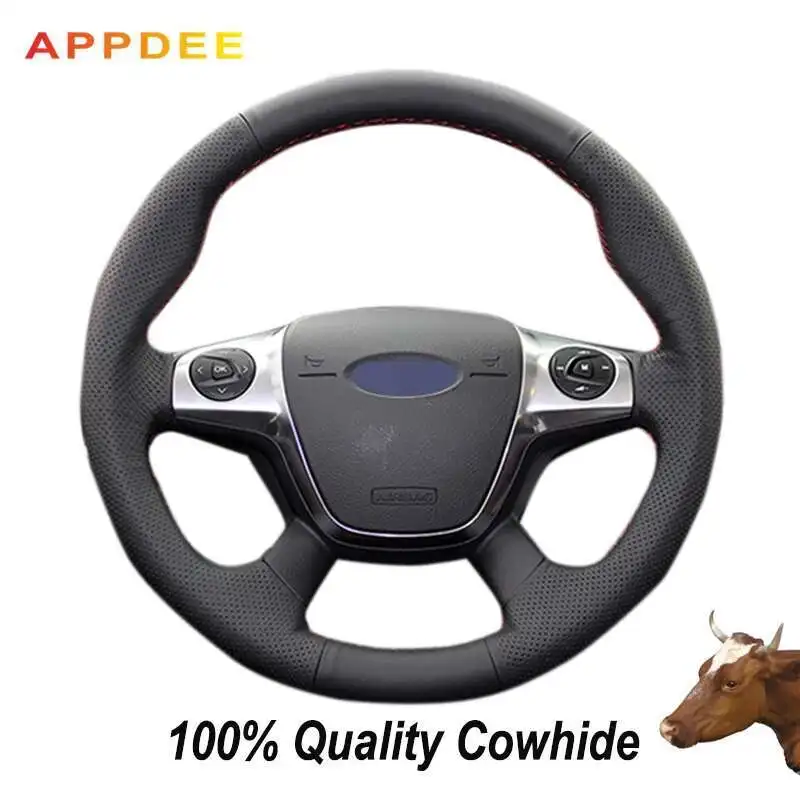 APPDEE Black Genuine Leather Car Steering Wheel Cover for Ford Focus 3 2012 2013 2014 KUGA Escape 2013-2015 2016 C-MAX 2011-2014